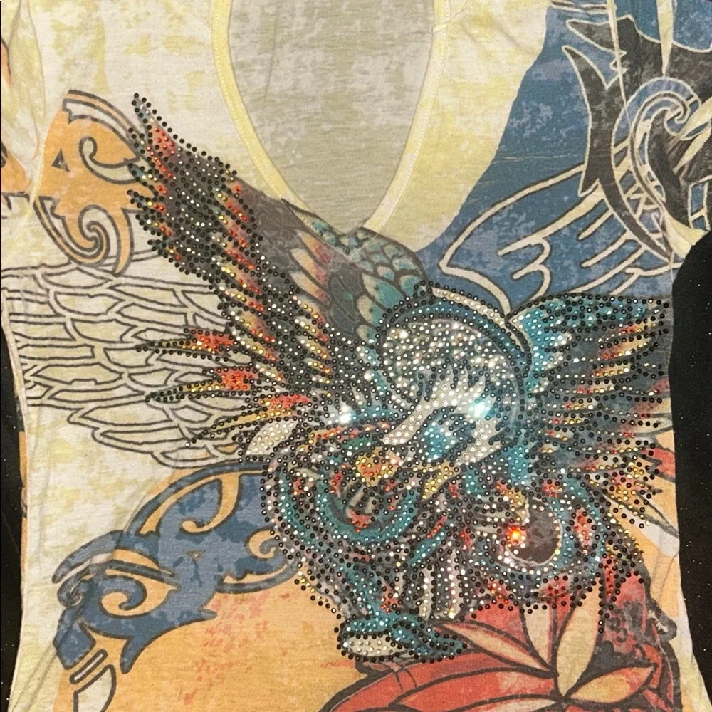 Embellished V-Neck Graphic Hoodie Tee - Picture 2 of 13
